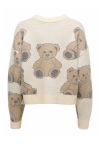 Sweter dziergany, beżowy z brązowymi i szarymi wzorami misiów. Krótki fason, ściągacz przy dekolcie i mankietach, miękka tekstura oraz luźny krój.