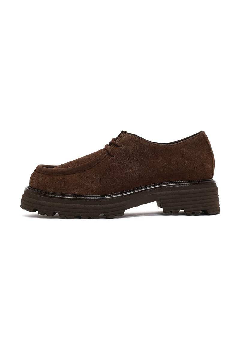 Brown suede lace-up shoe with thick, ridged sole and low heel, shown from the outer side on a white background.