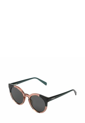 Ronde zonnebril met een zwart bovenframe en een roze onderframe. Donkere lenzen, voorzien van elegante groene pootjes. Minimalistisch ontwerp met een glanzende afwerking.