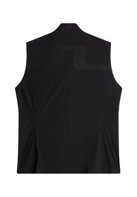 Svart ärmlös väst i ett lätt material, med en subtil textur och designelement på baksidan. Slät yta, ingen hårdvara synlig.