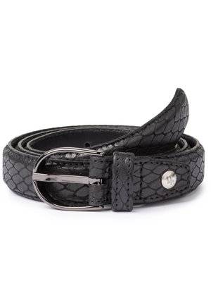 Black leather belt with embossed scales, silver metal buckle, and stitching detail. The belt is coiled, highlighting its texture and design.
