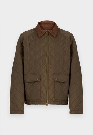 Quilted Jacke in Olivgrün mit einem braunen Cordkragen, zwei vorderen Taschen und einem goldenen Reißverschluss.