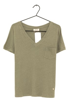 Olive green short-sleeve V-neck t-shirt with front pocket hanging on a black metal hanger.