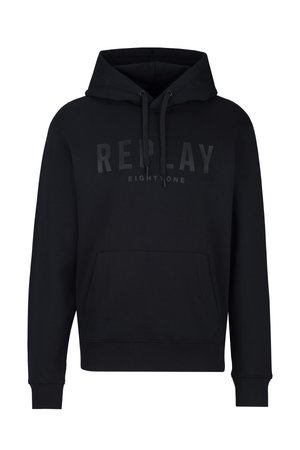 Zwarte hoodie van katoen met een voorzak in kangoeroe-stijl, ribgebreide manchetten en onderkant. Voorzien van een groot, ton sur ton "REPLAY EIGHTONE" logo op de borst.