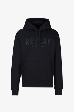 Zwarte hoodie van katoen met een voorzak in kangoeroe-stijl, ribgebreide manchetten en onderkant. Voorzien van een groot, ton sur ton "REPLAY EIGHTONE" logo op de borst.
