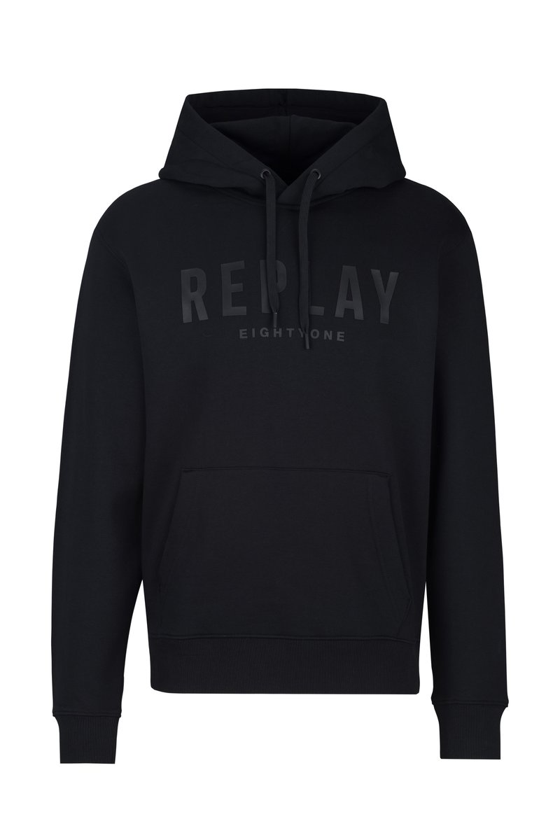 Zwarte hoodie van katoen met een voorzak in kangoeroe-stijl, ribgebreide manchetten en onderkant. Voorzien van een groot, ton sur ton "REPLAY EIGHTONE" logo op de borst.