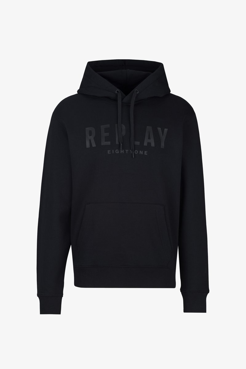 Zwarte hoodie van katoen met een voorzak in kangoeroe-stijl, ribgebreide manchetten en onderkant. Voorzien van een groot, ton sur ton "REPLAY EIGHTONE" logo op de borst.
