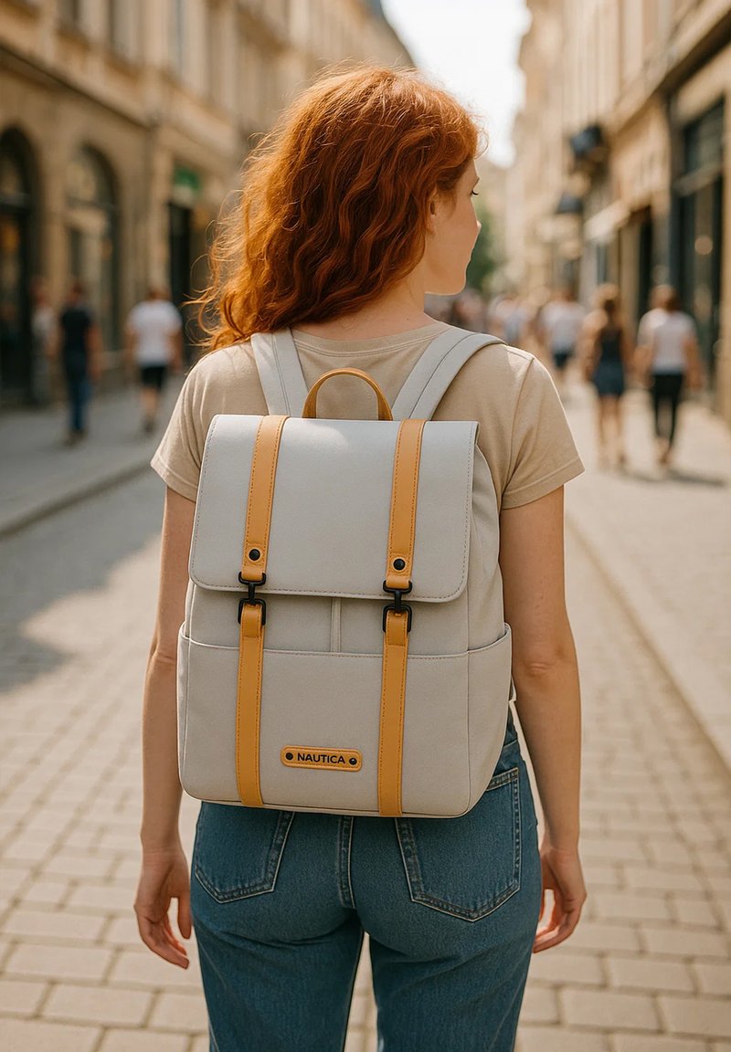 Lichtgrijze rugzak met gele banden, rechthoekige vorm, voorflap en merklabel. Draag door een persoon in casual kleding op straat.