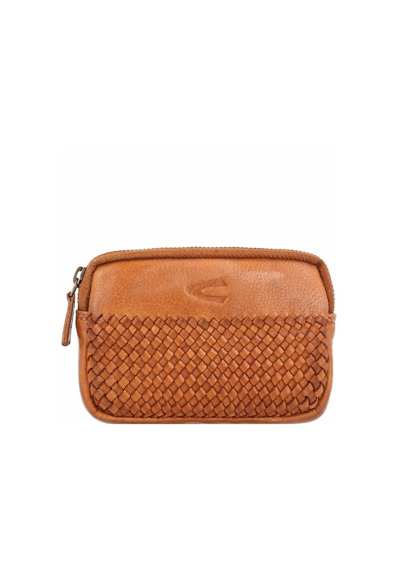Tan leather pouch with woven texture on the bottom, smooth upper section, and zip closure. Features subtle embossed detailing.