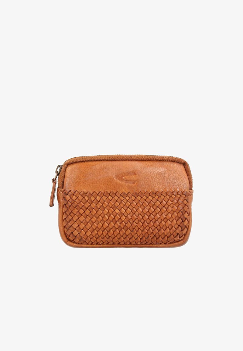 Tan leather pouch with woven texture on the bottom, smooth upper section, and zip closure. Features subtle embossed detailing.