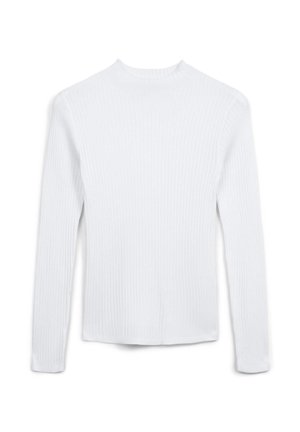 T-shirt en tricot à manches longues blanches, côtelé, avec un col rond haut, une silhouette ajustée et un tissu doux au toucher.