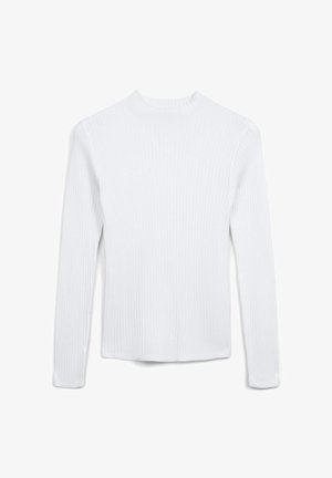 T-shirt en tricot à manches longues blanches, côtelé, avec un col rond haut, une silhouette ajustée et un tissu doux au toucher.