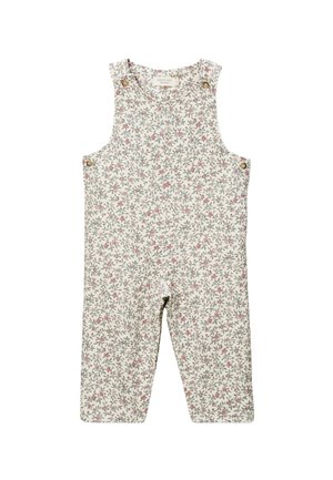 Combinaison bébé sans manches avec imprimé floral rose et vert sur tissu crème, avec des boutons en bois aux épaules et sur les côtés.