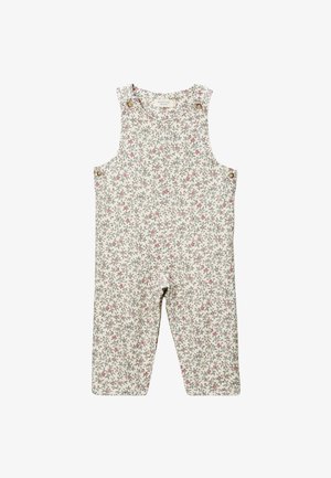 Combinaison bébé sans manches avec imprimé floral rose et vert sur tissu crème, avec des boutons en bois aux épaules et sur les côtés.