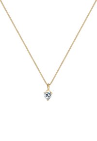 Goldene Kettenhalskette mit einem herzförmigen Kristallanhänger, klar und facettiert, mit glatter Oberfläche und minimalistischen Details.