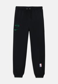 Schwarze Sweatpants aus weichem Material. Mit grünem Celtics-Logo und grünem Nike-Swoosh. Rippstrickbündchen an den Knöcheln. NBA-Logo an der Seite.