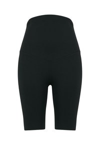 Mustaline musta bodysuit, millel on bandeau ülemine osa, vormitud kuju, sile tekstuur ja keskpika reie pikkus, disainitud mugavuse ja paindlikkuse jaoks.