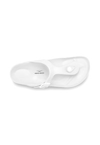 White plastic sandal featuring a strap with a snap button closure, smooth surface, and embossed "VENICE BEACH" label on the insole.