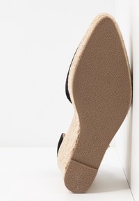 Chaussure en daim noir avec un talon en espadrille texturé et une semelle en caoutchouc à motif, dotée d'un fond plat pour la stabilité.