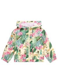 Giacca leggera da pioggia con un motivo tropicale floreale in verde e rosa, dotata di cappuccio, chiusura con zip e polsini elasticizzati.