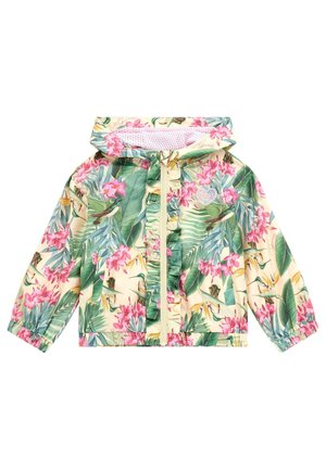 Giacca leggera da pioggia con un motivo tropicale floreale in verde e rosa, dotata di cappuccio, chiusura con zip e polsini elasticizzati.
