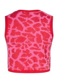 Rosa ärmlös stickad tröja med en fluffig textur, som har ett rött djurmönster och en enfärgad ribbad nederkant i röd färg.