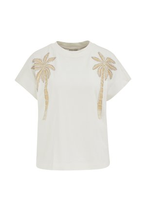 Chemise blanche à manches courtes avec deux motifs de palmiers perlés sur la poitrine, aux tons beige et marron clair.