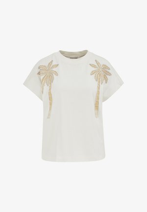 Fehér rövid ujjú ing két gyöngyözött pálmafa mintával a mellkason, bézs és világosbarna árnyalatokban.