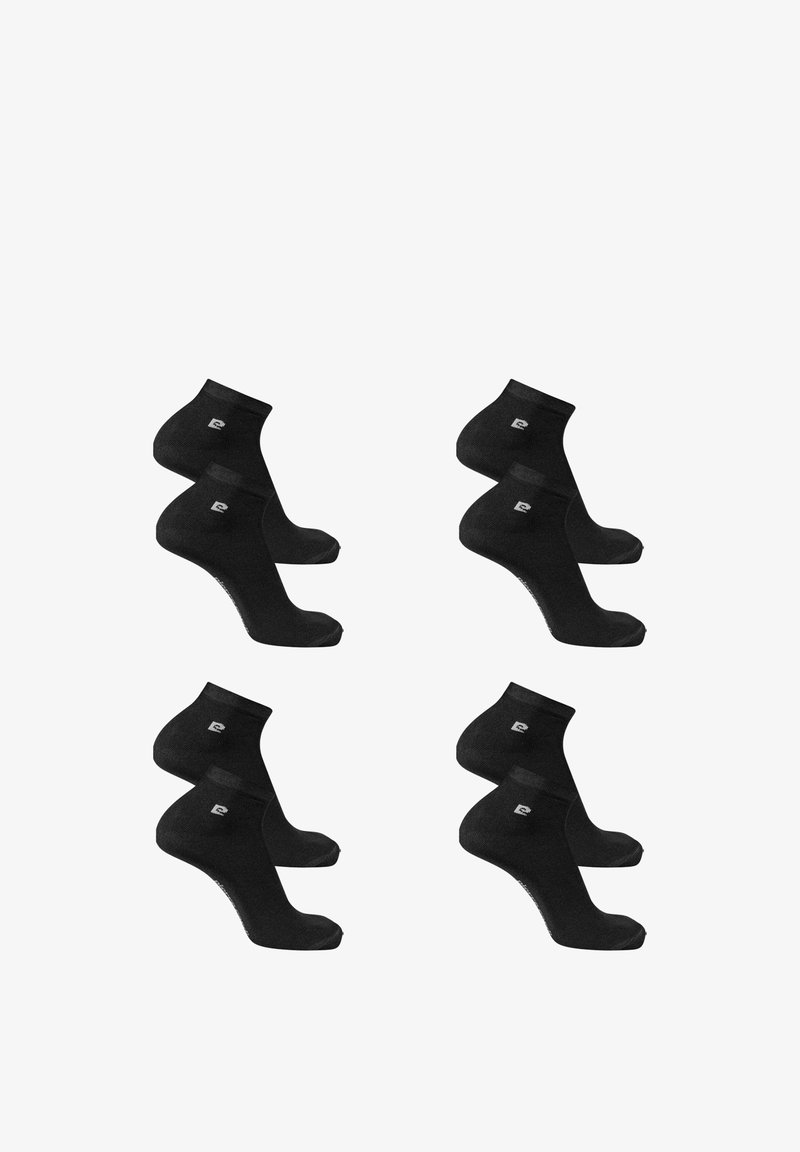 Huit paires de chaussettes noires courtes avec un petit logo blanc sur le côté, disposées en grille sur un fond blanc.