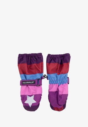 Kolorowe wodoodporne rękawiczki z poziomymi paskami w kolorach fioletowym, czerwonym, różowym i niebieskim, z białym akcentem w formie gwiazdki i regulowanymi paskami na nadgarstkach.