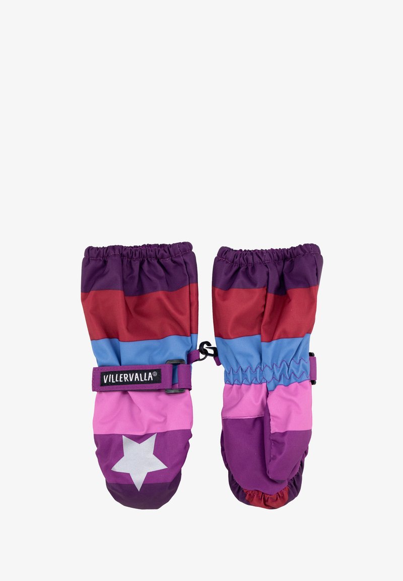 Kleurrijke waterdichte wanten met paarse, rode, roze en blauwe horizontale strepen, een wit steraccent en verstelbare polsbanden.