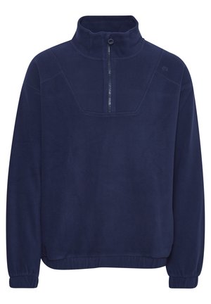 Marineblauwe fleece trui met hoge kraag en halve rits. Beschikt over een platnaadontwerp en elastische manchetten voor een comfortabele pasvorm.