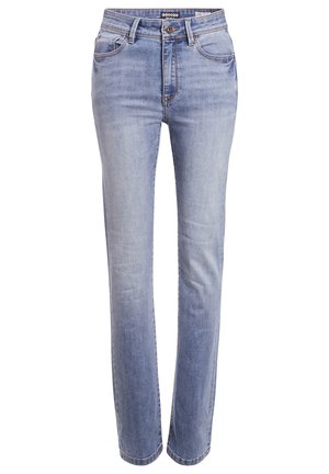 Jean en denim bleu clair avec une coupe droite, cinq poches et des coutures contrastées. Dispose d'une fermeture à bouton et d'un tissu léger.