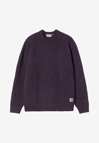 Maglione a maglia di colore viola scuro con collo rotondo, maniche raglan e texture screziata. Presenta un'etichetta piccola sull'orlo inferiore.