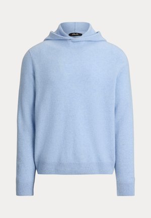Sweat à capuche en cachemire bleu clair à manches longues, avec poignets et ourlet côtelés, présenté sur un fond uni sans attaches visibles ni motifs.