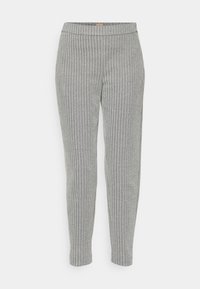 Pantalon gris slim fit avec un motif chevrons subtil, pli sur le devant et taille élastique avec une petite étiquette marron.