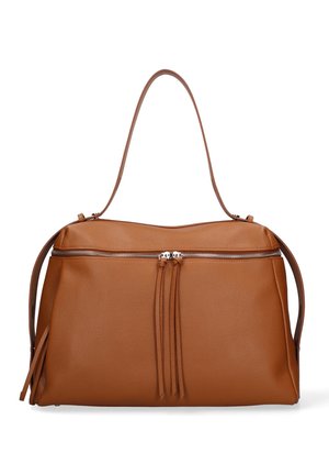 Braune strukturierte Lederhandtasche mit silbernem Reißverschluss, langem Griff und drei Leder-Reißverschlussanhängern mittig auf der Vorderseite.