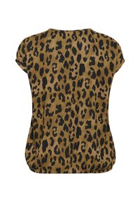 Leopardenmuster-Oberteil mit kurzen Ärmeln, aus einem weichen Stoff gefertigt. Verfügt über Brauntöne und Schwarz in einem strukturierten Muster. Rundhalsausschnitt.