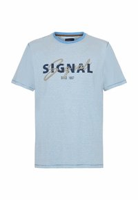 Hele sinine lühikeste varrukatega T-särk horisontaalsete triipudega, millel on tumesinine ja beež "SIGNAL" graafika ning tekst "Alates 1967" ees.