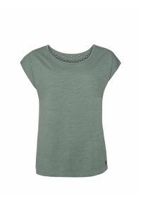Lys grøn kortærmet T-shirt med rund halsudskæring og struktureret blondekant. Fremstillet af et blødt, glat materiale og har en afslappet pasform.