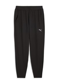 Pantalons de sport noirs en tissu doux, avec une taille élastique, deux poches latérales et un petit logo Puma blanc sur la jambe.