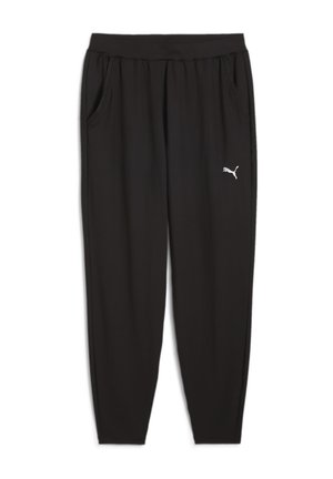 Schwarze Sporthose aus weichem Stoff mit elastischem Bund, zwei Seitentaschen und einem kleinen weißen Puma-Logo am Bein.