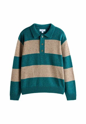 Grün- und beige gestreifter Strickpullover mit Kragen, drei Knöpfen, geripptem Saum und strukturiertem Stoff.