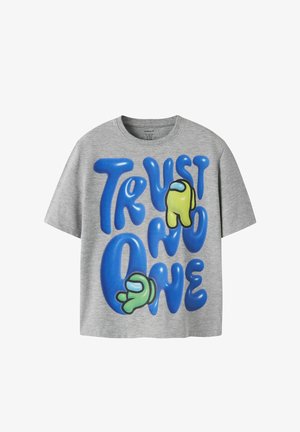 Gray short-sleeve t-shirt with large blue bubble letters spelling "Trust No One" and two cartoon astronaut characters in yellow and green.