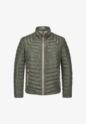 Grüne Steppjacke mit Stehkragen, horizontaler Steppstruktur, zwei seitlichen Reißverschlusstaschen und kontrastierenden Reißverschlussakzenten in Braun.