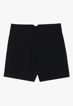 Schwarze Shorts aus einem glatten Stoff, mit Seitentaschen, taillierter Passform und strukturierten Falten an der Vorderseite für eine saubere Silhouette.