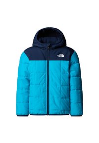 Niebieska kurtka puchowa z granatową górną częścią, wyposażona w kaptur, zamek błyskawiczny z przodu oraz pikowaną teksturę. Na piersi znajduje się logo "The North Face".