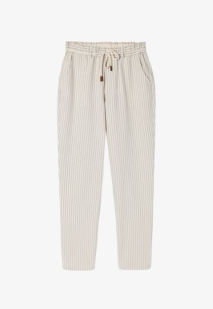 Beige és fehér csíkos nadrág rugalmas derékkal, zsinórral és oldalsó zsebekkel; könnyű szövet, sima textúrával.