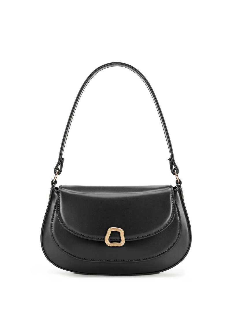 Czarna skórzana torebka o zaokrąglonym kształcie, z klapką i wyraźnym akcentem w kolorze złotym. Gładka faktura i wyściełany design.