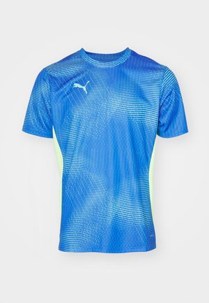 Blaues sportliches T-Shirt aus leichtem Stoff, mit einem strukturierten Muster und neongrünen Akzenten an den Seiten. Logo auf der Brust.